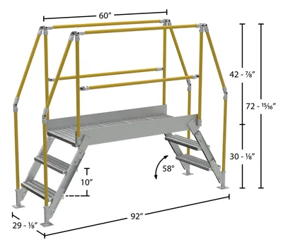 Vestil Aluminum Crossover Ladder 3 Step 60 x 29-1/8 In. Platform 500 Lb. Capacity Silver - dimensional drawing
