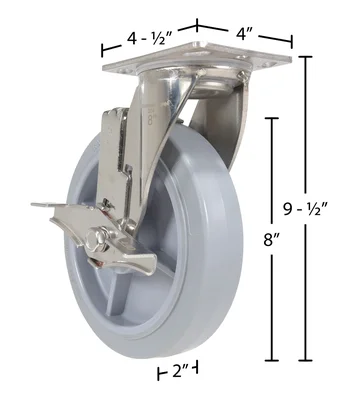 Vestil CST-E-SS-8X2TPR-SWB Thermoplastic Rubber Swivel With Brake Caster - dimensional drawing