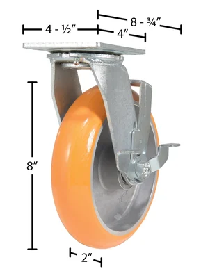 Vestil Polyurethane Swivel With Brake Caster 8 In. Diameter x 2 In. Width 1250 Lb. Capacity Butterscotch/Silver - dimensional drawing