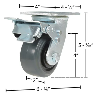 Vestil CST-KSM-4X2MR-SWTB Rubber Swivel With Total Brake Caster - dimensional drawing