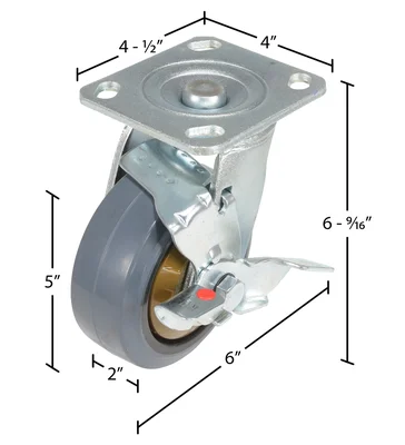 Vestil CST-KSM-5X2MR-SWB Rubber Swivel With Brake Caster - dimensional drawing