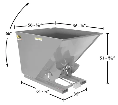 Vestil Steel Heavy Duty Self Dumping Hopper 2 Cubic Yard 6000 Lb. Capacity Machine Gray - dimensional drawing