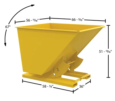 Vestil Steel Light Duty No Bump & Dump Hopper 2 Cubic Yard 2000 Lb. Capacity Yellow - dimensional drawing