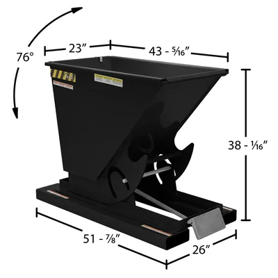 Vestil Steel Heavy Duty Self Dumping Hopper 1/4 Cubic Yard 6000 Lb. Capacity Semi Gloss Black - dimensional drawing