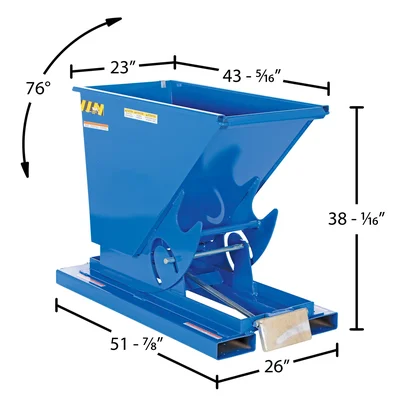 Vestil Steel Heavy Duty Self Dumping Hopper 1/4 Cubic Yard 6000 Lb. Capacity Blue - dimensional drawing