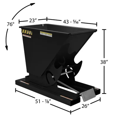 Vestil Steel Light Duty Self Dumping Hopper 1/4 Cubic Yard 2000 Lb. Capacity Semi Gloss Black - dimensional drawing