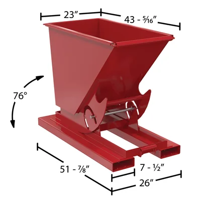 Vestil Steel Light Duty No Bump & Dump Hopper 1/4 Cubic Yard 2000 Lb. Capacity Soda Red - dimensional drawing