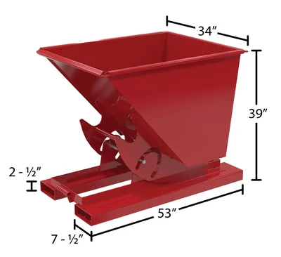 Vestil Steel Heavy Duty No Bump & Dump Hopper 1/2 Cubic Yard 6000 Lb. Capacity Soda Red - dimensional drawing