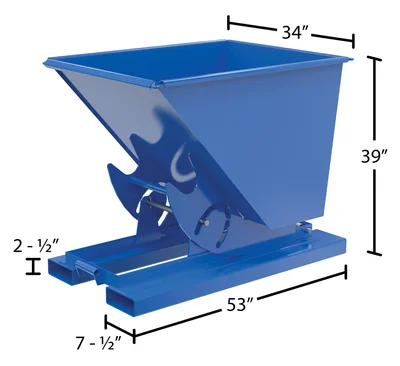 Vestil Steel Heavy Duty No Bump & Dump Hopper 1/2 Cubic Yard 6000 Lb. Capacity Blue - dimensional drawing