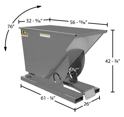Vestil Steel Heavy Duty Self Dumping Hopper 3/4 Cubic Yard 6000 Lb. Capacity Machine Gray - dimensional drawing
