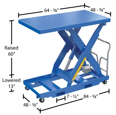 Vestil Steel Portable Lift Table 115 Volt 1 Phase 48 In. x 64 In. 3000 Lb. Capacity Blue - dimensional drawing