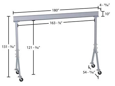 Vestil Aluminum Fixed Gantry Crane with Phenolic Locking Casters 15 Ft. x 10 Ft. 4000 Lb. Capacity Silver - dimensional drawing