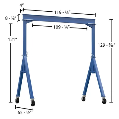 Vestil FHS-4-10 Steel Fixed Gantry Crane with Glass Filled Nylon Casters - dimensional drawing