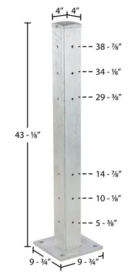 Vestil Galvanized Steel Rigid Tube Post Bolt On Style 42 In. For 2 Ribbed Guard Rails Gray - dimensional drawing