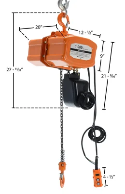 Vestil Steel Economy Chain Hoist with Chain Container 1 Phase 1000 Lb. Capacity Orange - dimensional drawing