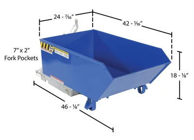 Vestil Steel Light Duty Low Profile Self Dumping Hopper 1/4 Cubic Yard 2000 Lb. Capacity Blue - dimensional drawing