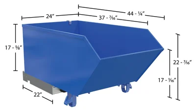 Vestil Steel Light Duty Low Profile Self Dumping Hopper 1/3 Cubic Yard 2000 Lb. Capacity Blue - dimensional drawing