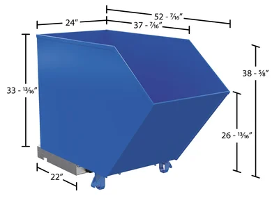 Vestil Steel Light Duty Low Profile Self Dumping Hopper 3/4 Cubic Yard 2000 Lb. Capacity Blue - dimensional drawing