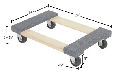 Vestil HDOC-1624-9 Hardwood Carpet End Dolly - dimensional drawing