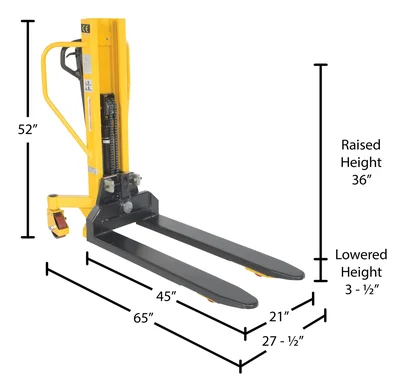 Vestil Steel Lift Tilt Truck 21 in x 45 in Forks 1500 lb Capacity Yellow/Black - dimensional drawing