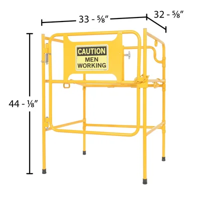 Vestil Steel Manhole Guard Rail with Aluminum Sign 31 In. x 30 In. Caution Men Working Sign Message Yellow - dimensional drawing