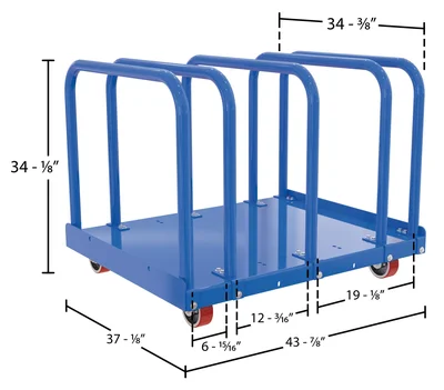 Vestil Steel Heavy Duty Adjustable Bay Panel Cart 44 In. Wide 4,000 Lb. Capacity Blue / Yellow - dimensional drawing