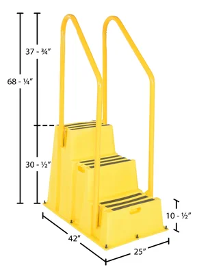 Vestil Polyethylene Nestable with Handrails Casters 3 Step 500 Lb. Capacity Yellow - dimensional drawing
