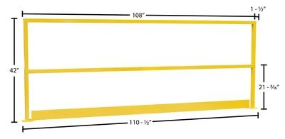 Vestil Steel Safety Handrail with Toe Board 110-1/2 In. x 4 In. x 42 In. Yellow - dimensional drawing