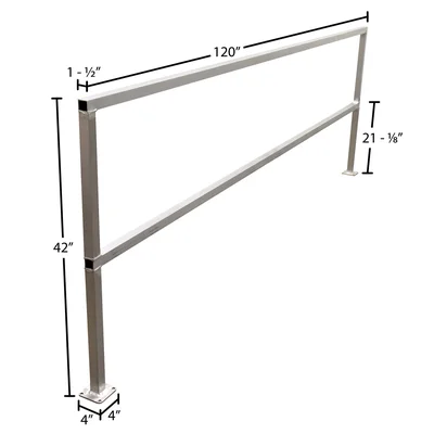 Vestil Aluminum Safety Handrail 122-1/2 In. x 4 In. x 42 In. Silver - dimensional drawing
