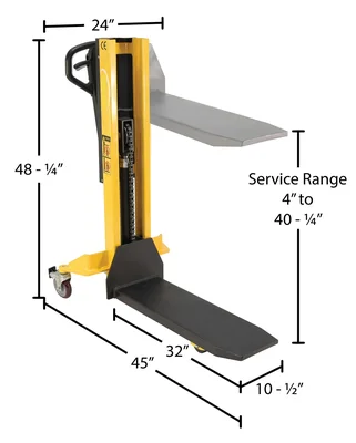 Vestil Steel Single Fork Skid Positioner Lifter 600 Lb. Capacity Yellow / Black - dimensional drawing