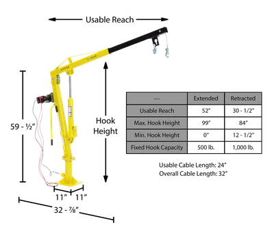 Vestil WTJ-2-DC Steel DC Powered Winch Truck Jib Crane - dimensional drawing