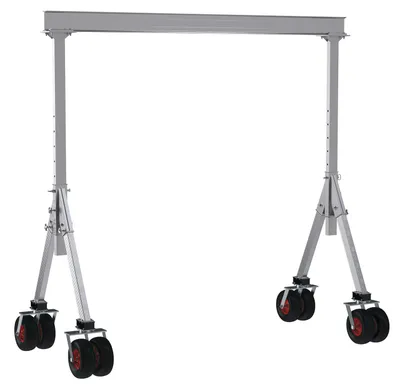 Vestil Aluminum Adjustable Height Gantry Crane with Pneumatic Rubber Casters 12 Ft. Wide x 8 Ft. Max Usable Height 4,000 Lb. Capacity Silver