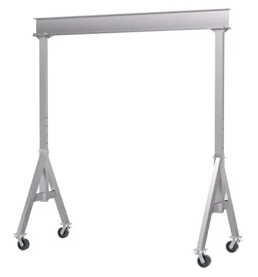 Vestil Aluminum Adjustable Height Gantry Crane with Total Locking Phenolic Casters 12 Ft. Wide x 8 Ft. Max Usable Height 6,000 Lb. Capacity Silver
