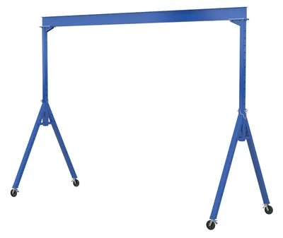 Vestil Steel Adjustable Height Gantry Crane with Total Locking Glass Filled Nylon Casters 15 Ft. Wide x 9 Ft. Max Usable Height 2,000 Lb. Capacity Blue