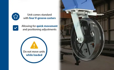 Vestil AHSN-4-15-10-VG adjustable steel gantry cranes with v-groove casters - knockdown feature highlights