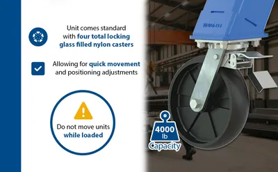 Vestil AHSN-4-15-7-TLC adjustable steel gantry cranes with total locking casters - knockdown feature highlights