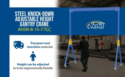 Vestil AHSN-8-15-7-TLC adjustable steel gantry cranes with total locking casters - knockdown feature highlights