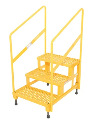 Vestil Steel Adjustable Step Stand 24 inches Wide 3-Step with Handrails 500 Lbs. Capacity Yellow