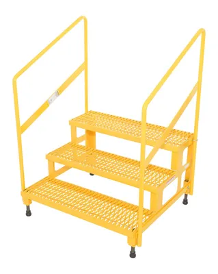 Vestil Steel Adjustable Step Stand 36 inches Wide 3-Step with Handrails 500 Lb. Capacity Yellow