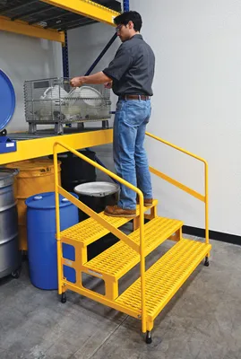 Vestil ASP-48-3-HR adjustable step stands with handrail shown from an alternate angle