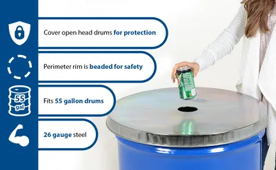 Vestil CAN-CAP-G galvanized steel drum cover feature highlights