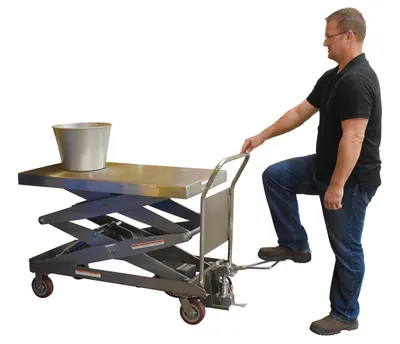 Vestil CART-1500-D-TS-PSS partially stainless steel hydraulic elevating cart shown from an alternate angle