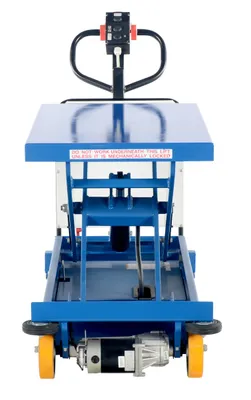 Vestil CART-1500-DC-CTD powered drive and powered lift hydraulic scissor cart shown from an alternate angle