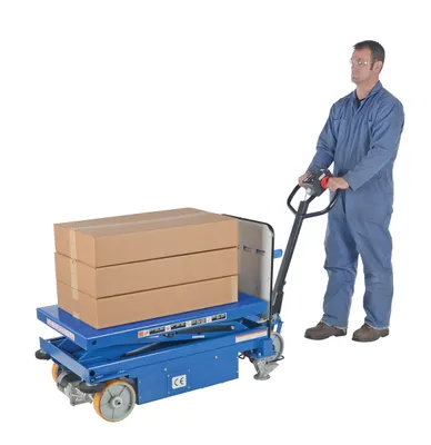 Vestil CART-1500-DC-CTD powered drive and powered lift hydraulic scissor cart shown from an alternate angle