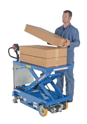 Vestil CART-1500-DC-CTD powered drive and powered lift hydraulic scissor cart shown from an alternate angle