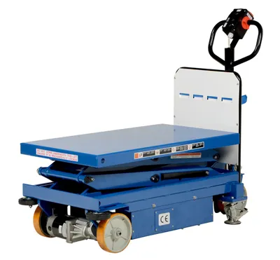 Vestil CART-1500D-DC-CTD powered drive and powered lift hydraulic scissor cart shown from an alternate angle