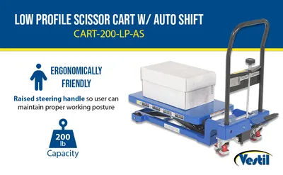 Vestil CART-200-LP-AS low profile scissor cart w auto-shift feature highlights