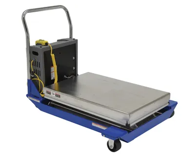 Vestil Partially Stainless Steel DC Powered Scissor Cart 36 In. x 24 In. 1000 Lb. Capacity Blue / Yellow