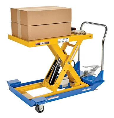 Vestil CART-23-15-M dc powered and manual scissor cart shown from an alternate angle