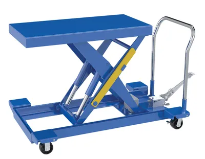 Vestil Steel Heavy Duty Low Profile Scissor Lift Cart 20 In. x 40 In. Projections with Foot Pump 2000 Lb. Capacity Blue